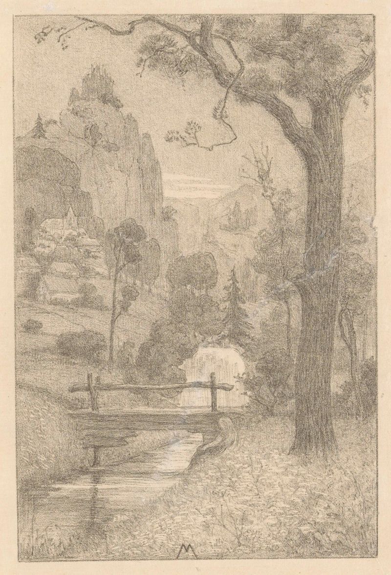 Paisagem com cachoeira e ponte, óleo sobre tela de Simon Moulijn