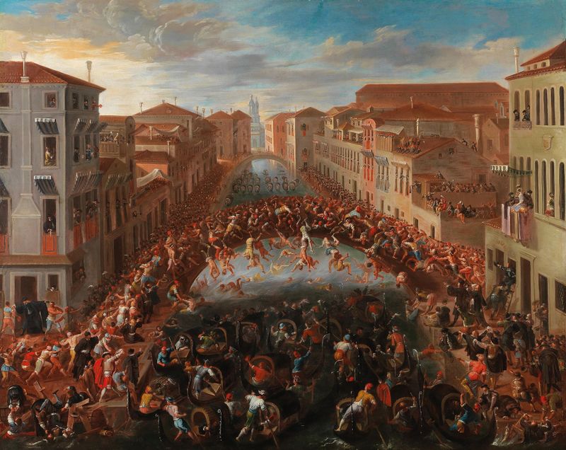 La Battaglia dei Pugni en el Puente de San Barnaba, óleo sobre lienzo de Joseph Heintz el Joven