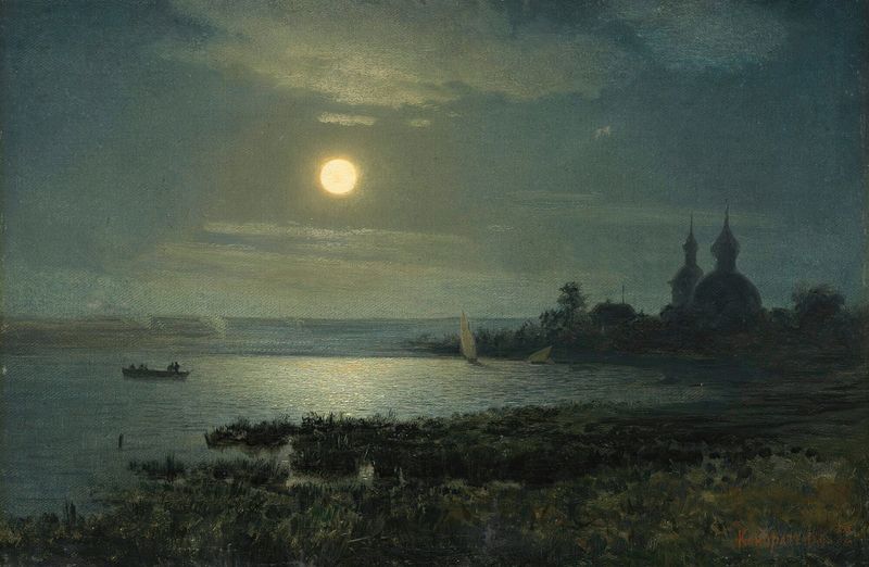 Moonrise Over The Lake by Gavril Pavlovich Kondratenko, oil painting depicting a serene lake at twilight