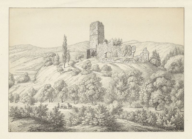 Paisaje con una torre y colinas de Johann Friedrich Wagner, óleo