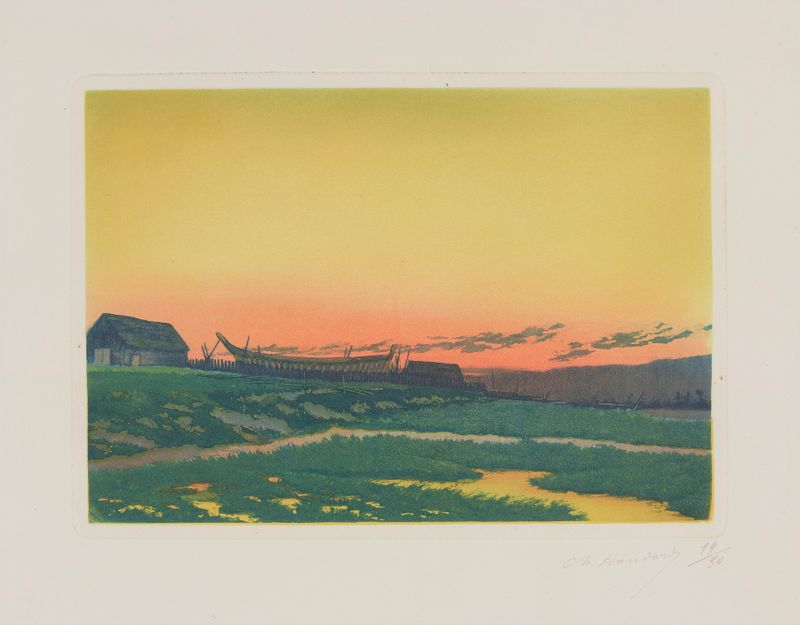 Paisaje que representa un río y un pueblo de Charles-Louis Houdard, pintura al óleo