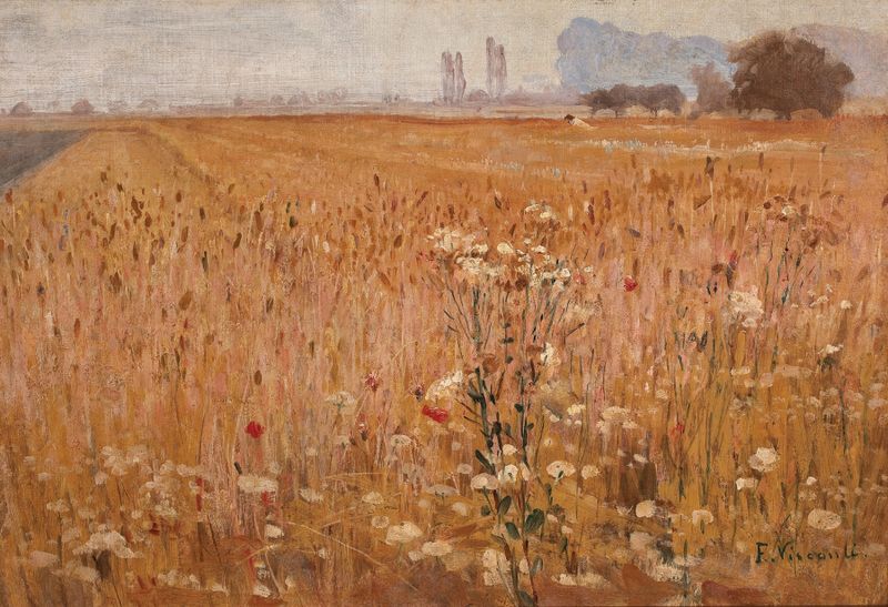 Paisagem de Post-Impressionismo por Eliseu Visconti, retratando um campo dourado de trigo.