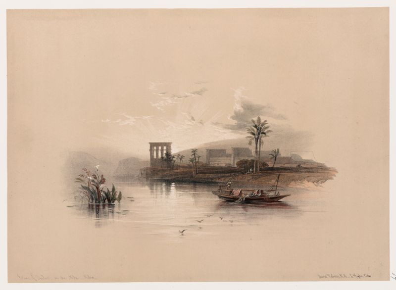 Island of Philæ on the Nile de David Roberts, pintura a óleo que retrata um antigo templo e paisagem.