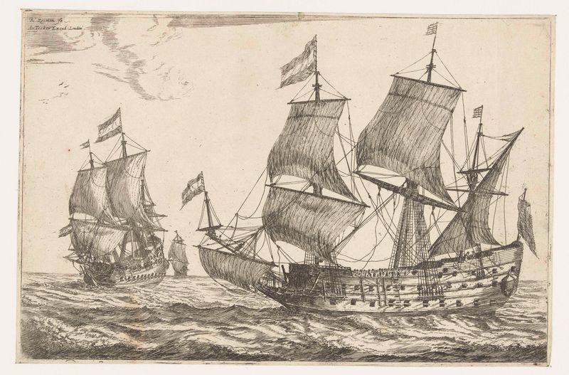 Two warships at sea, etching by Reinier Nooms