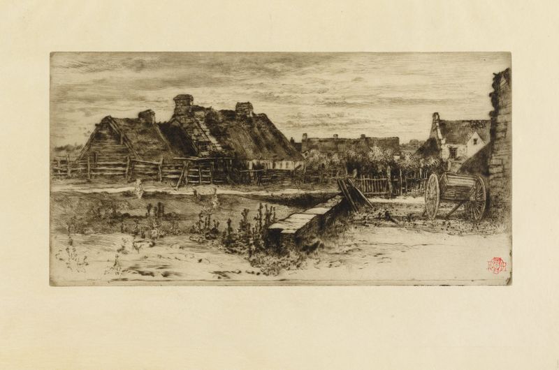 Las Grandes Cabañas de Paja, grabado de Félix Hilaire Buhot, que representa cabañas iluminadas por el sol en un entorno ru...