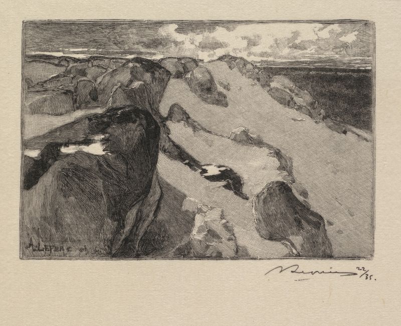Paisaje de Auguste Louis Lepère, pintura al óleo que representa un pueblo y un horizonte.