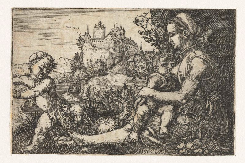 Grabado de Barthel Beham que muestra a una madre con sus dos hijos en un abrazo tierno