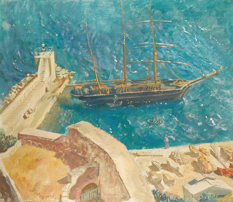 View Of The Port In Calvi, oil on canvas by Alexandre Jacovleff, depicting calm waters and reflections.