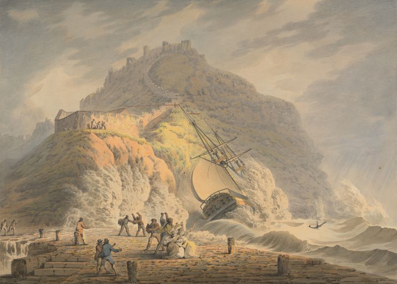 Shipwreck scene by Francis Nicholson, oil on canvas, depicting a ship against cliffs and turbulent waves.