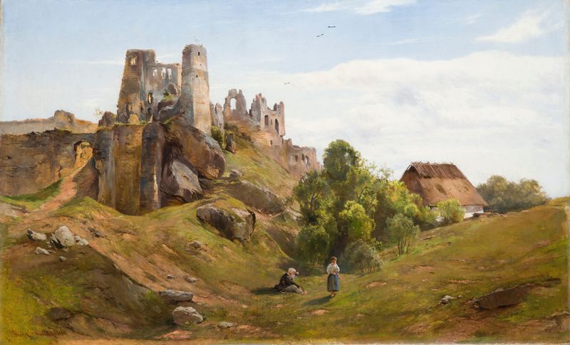Ruins of Odrzykoń de Henryk Grabiński, óleo sobre lienzo que muestra arquitectura en ruinas y vegetación exuberante.