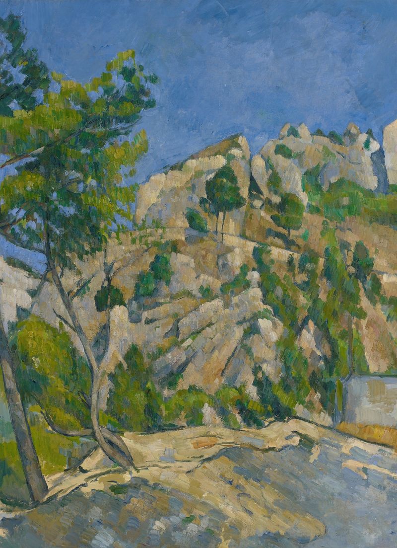 Bottom of the Ravine de Paul Cezanne, pintura a óleo que retrata uma paisagem exuberante com verdes e tons terrosos.