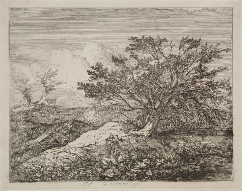 At Bawburgh de John Crome, óleo sobre tela que retrata uma paisagem de rio tranquila ao crepúsculo.