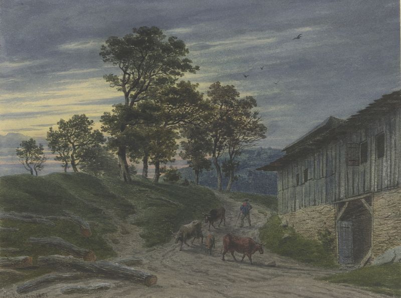Rückkehr der Herde zum Stall am Abend by Jakob Maurer, depicting sheep returning to a stable in an oil painting.