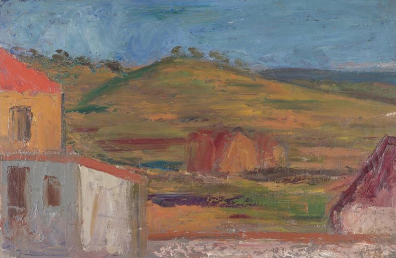Landscape by Mark Gertler, Post-Impressionism, featuring soft pastels and gentle brushstrokes