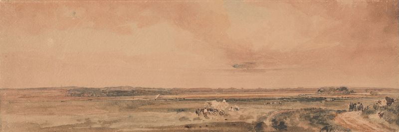 Harvest Time de Peter DeWint, pintura al óleo que muestra campos dorados y grano bajo la luz del sol.