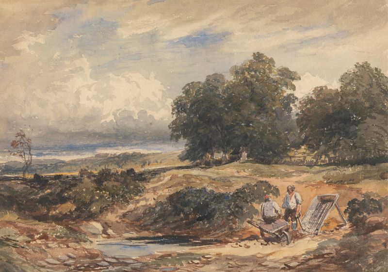 Landscape with Men Sifting Sand, oil on canvas by David Cox Jnr, depicting figures laboring in a sandy landscape.