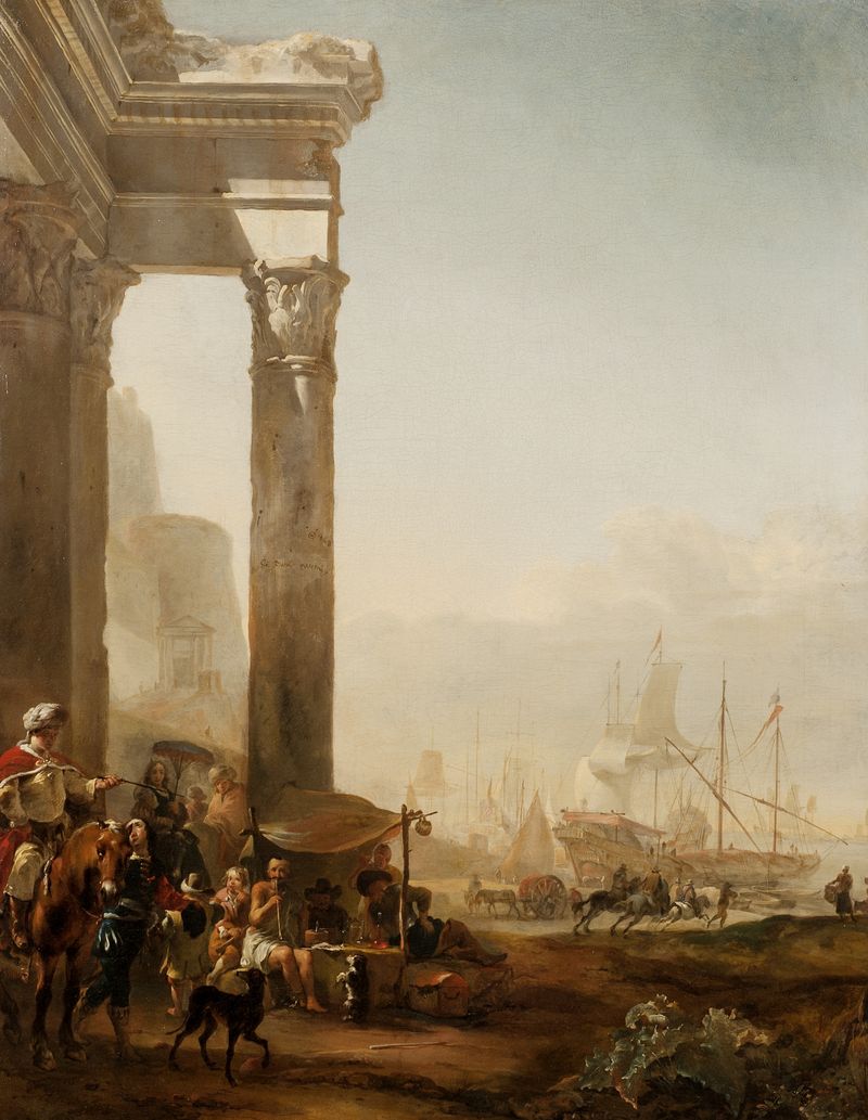 Harbour with Antique Ruins, oil on canvas by Jan Baptist Weenix, featuring classical ruins and water.
