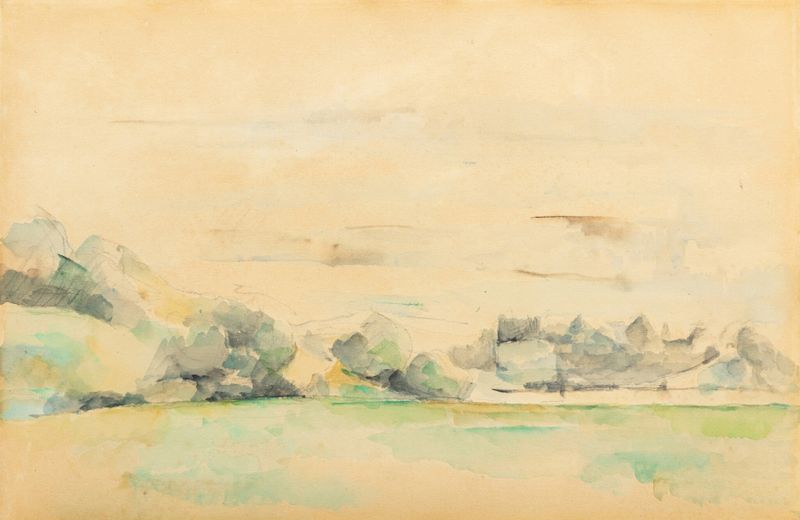Paysage au bord de l’eau, óleo de Paul Cezanne que muestra un paisaje sereno con agua y árboles.