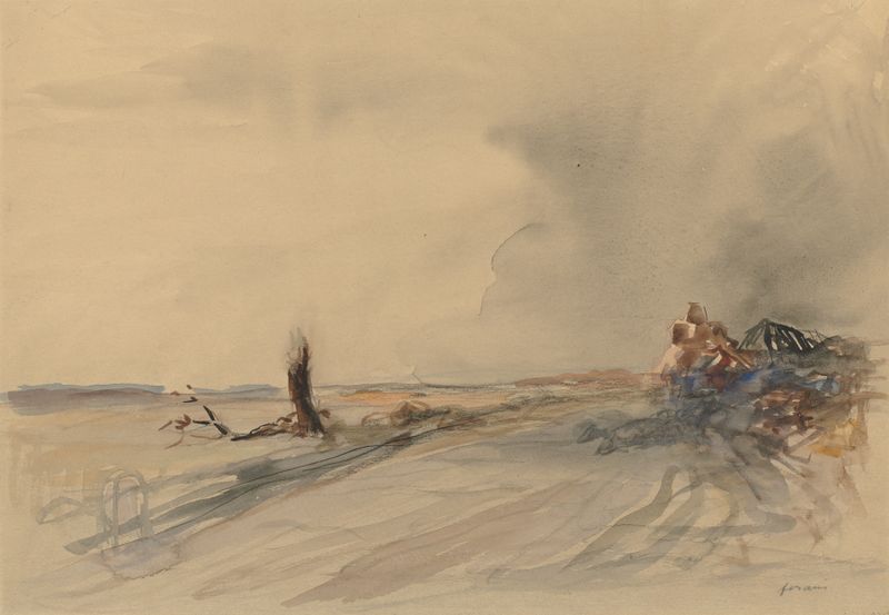 Expressionism landscape by Jean-Louis Forain, depicting barren land and debris, oil painting