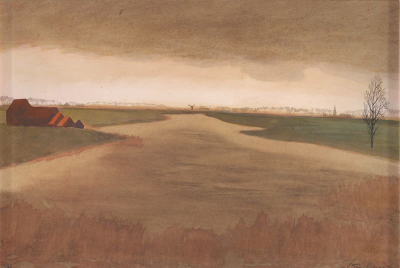 Landschap – Keignaertkreek te Zandvoorde de Léon Spilliaert, pintura a óleo de uma paisagem serena de um riacho.