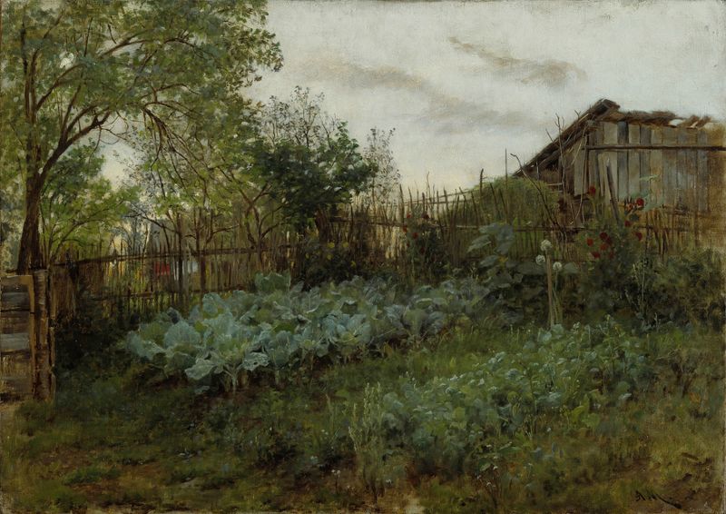 The Back Garden by Adolph von Menzel, oil painting of a figure tending to a garden.