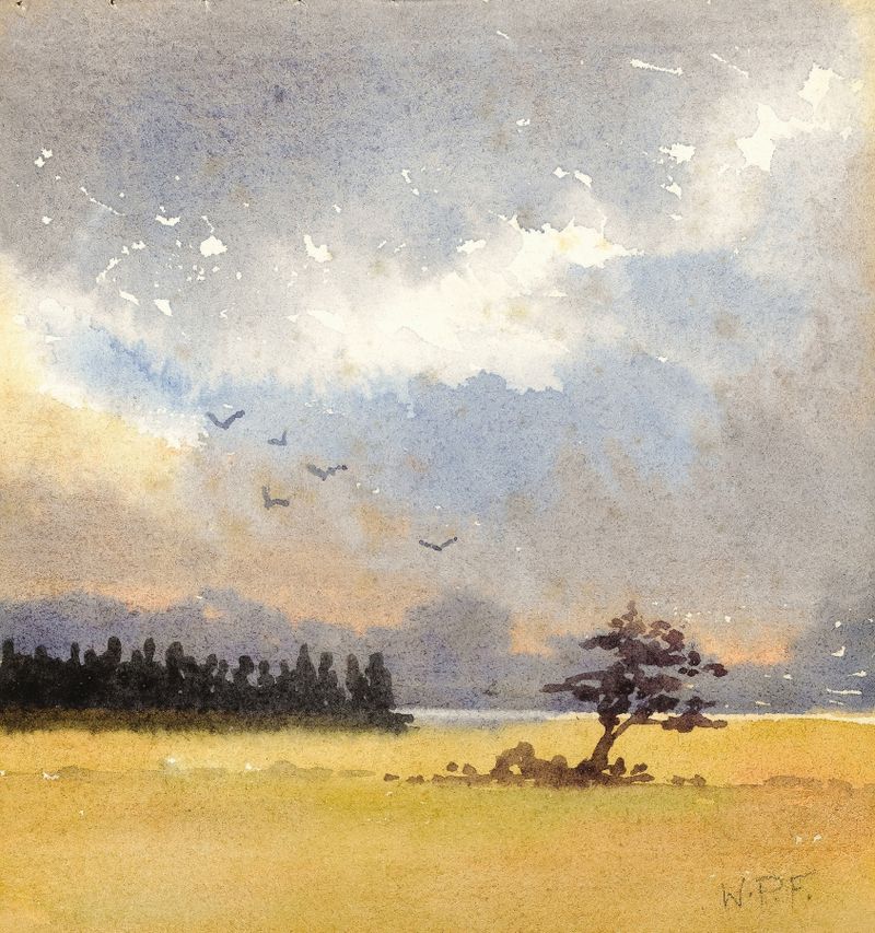 Landscape by William Percy French, oil on canvas, featuring a horizon with greenery and blue sky.