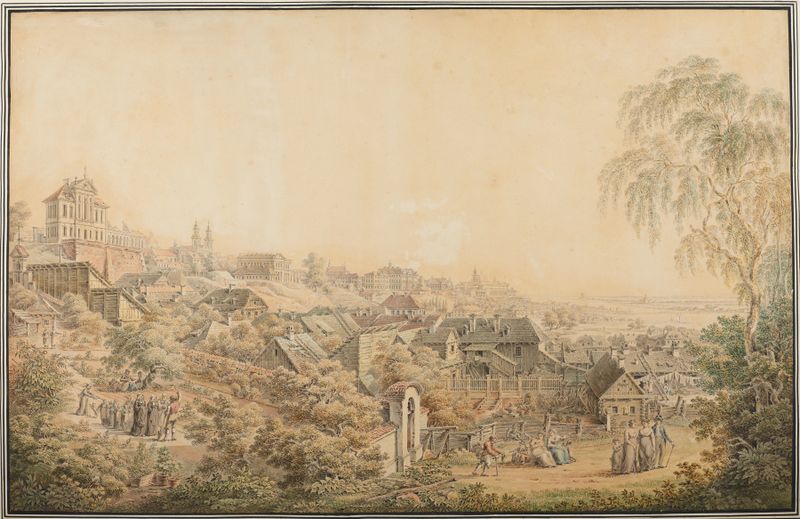 Landscape oil painting by Zygmunt Vogel depicting Warsaw's skyline and gardens.