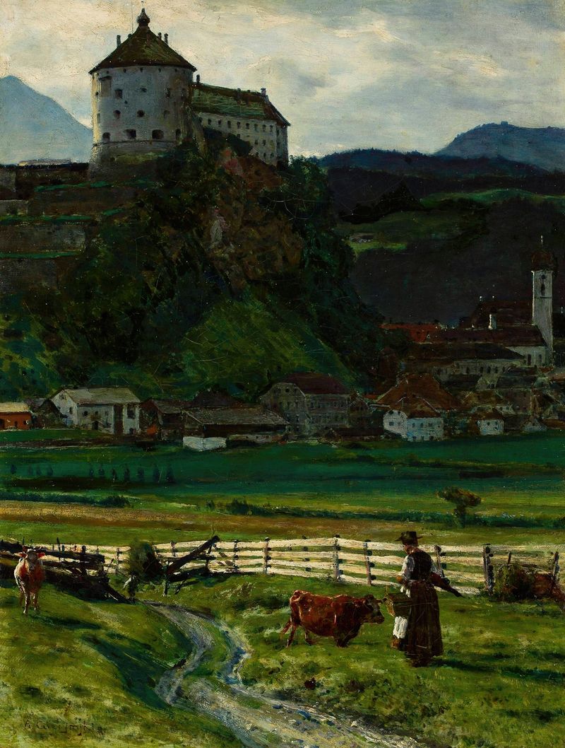 Landscape oil painting by Aleksander Gierymski featuring Kufstein Fortress and rolling hills