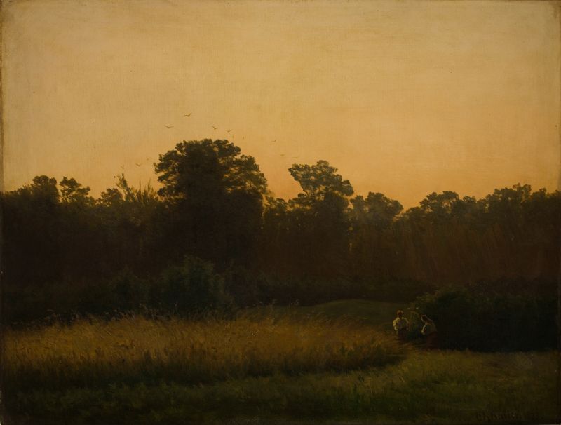 Harvest de Nicholas Chevalier, pintura al óleo que representa campos de trigo dorado bajo un cielo azul.