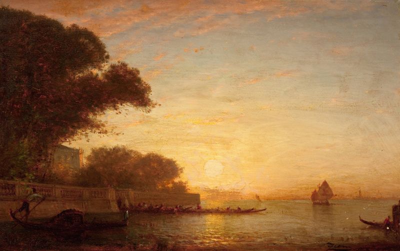 Venetian Scene de Félix Ziem, óleo sobre lienzo que representa una góndola en un canal tranquilo