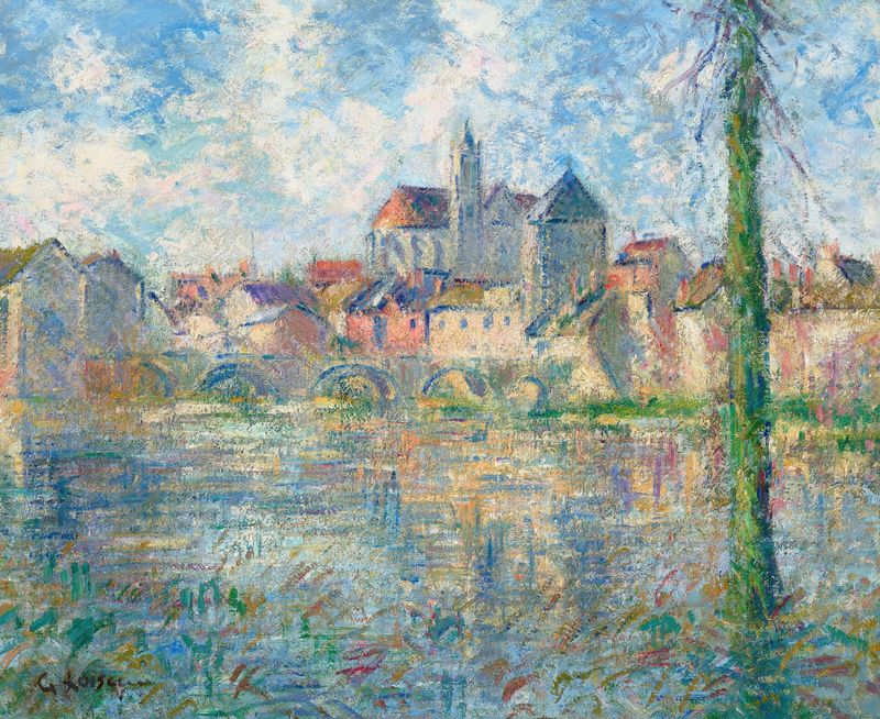 Paisagem de Moret-sur-Loing por Gustave Loiseau, pintura a óleo que representa um tranquilo rio e uma vila.