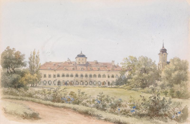 Blauer Hof (Laxenburg) de Franz Alt, pintura al óleo que representa un paisaje con una estructura solitaria.