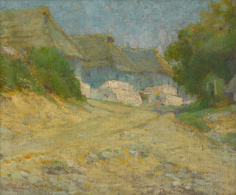 Village landscape with houses and trees by Ľudovít Čordák, oil painting
