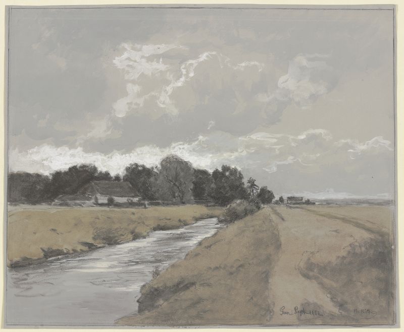 Landscape of a canal with sunlight filtering through trees by Philipp Röth, oil painting