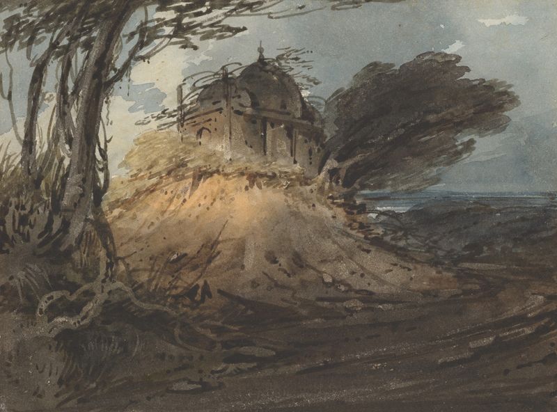 Indian Temple acuarela de George Chinnery con tallas intrincadas y luz cálida.
