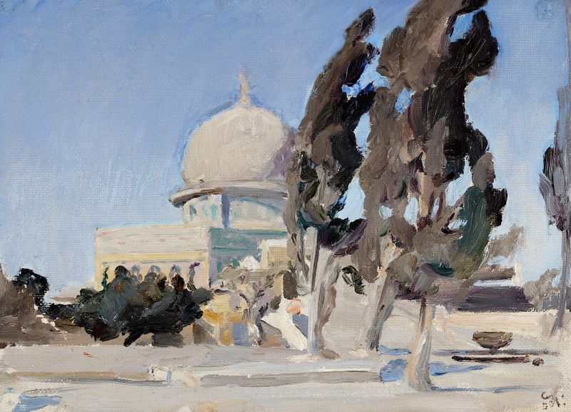 Mesquita de Omar em Jerusalém, pintura a óleo de Jan Ciągliński, com uma cúpula contra um céu azul.
