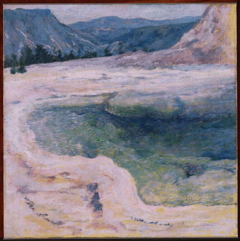The Emerald Pool by John Henry Twachtman, oil painting of a tranquil landscape with reflections in water.