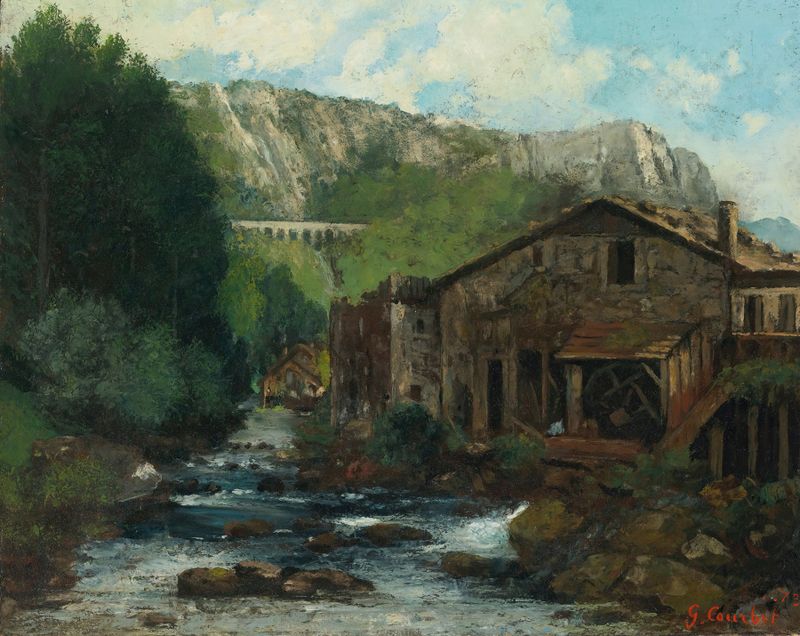 A Mill In A Rocky Landscape de Gustave Courbet, óleo que muestra un molino en un paisaje rocoso.