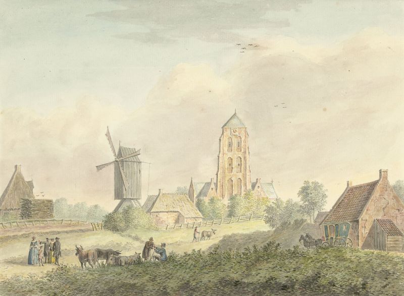 Kerk van het dorp Westkapelle in Zeeland by Hermanus Petrus Schouten, oil on canvas depicting a church.