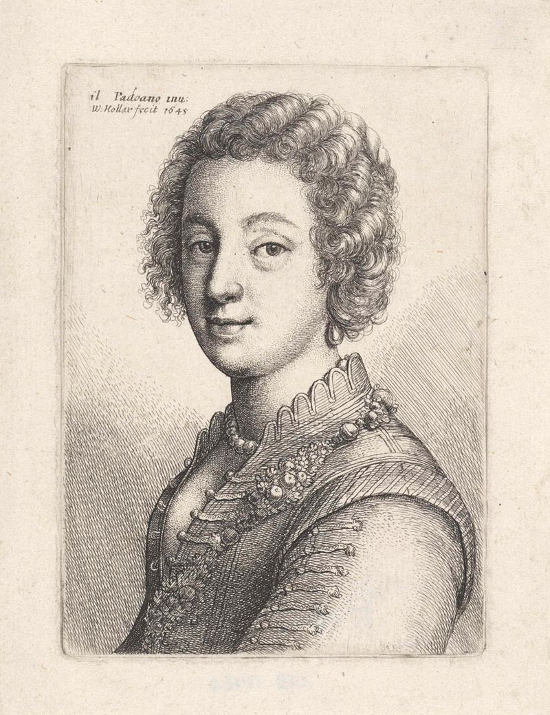 Gravura de Wenceslaus Hollar de uma jovem com cabelo cacheado curto e um olhar expressivo