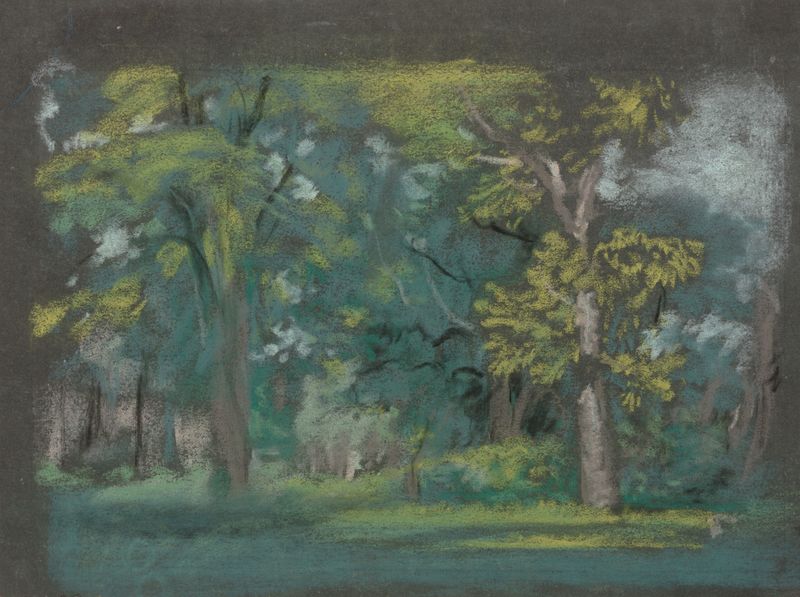 Árvores de Arthur Bowen Davies, óleo sobre tela representando árvores imponentes em uma paisagem serena
