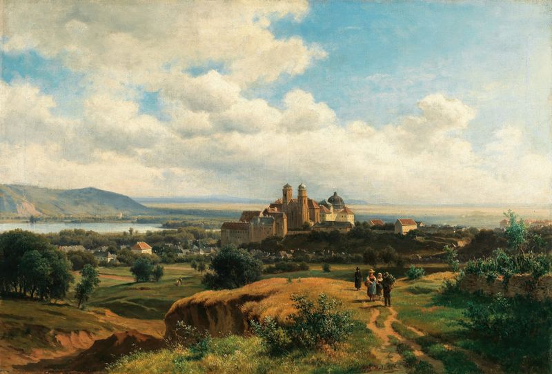 Uma paisagem com o Mosteiro de Klosterneuburg ao pôr do sol de Ludwig Halauska