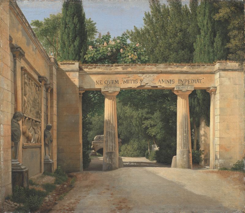 Garden view with a couple at dawn, oil on canvas by Christoffer Wilhelm Eckersberg