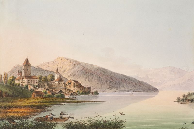 Vista del paisaje del Lago Thun con montañas, de Jakob Samuel Weibel, medio desconocido.