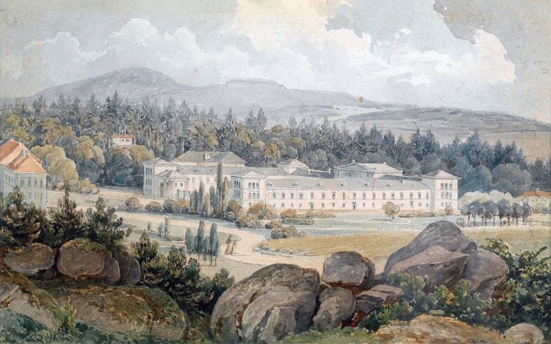 Königswart de Thomas Ender, uma pintura a óleo de paisagem mostrando montanhas escuras contra um céu frágil.