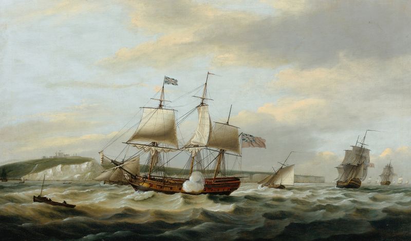 A merchant ship signaling for a pilot off the cliffs of Dover, oil on canvas by Thomas Luny