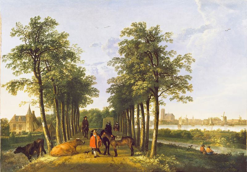 Paisagem de Aelbert Cuyp, óleo sobre tela, apresentando uma avenida e uma figura distante.