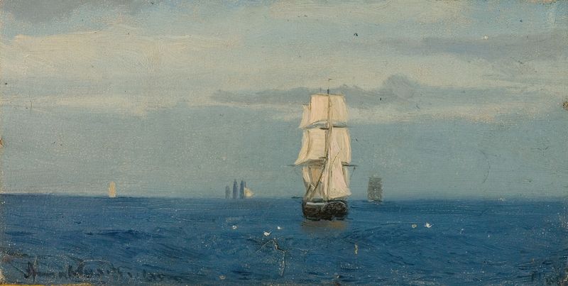 Morgenstemning, Atlanterhavet de Amaldus Nielsen, óleo sobre lienzo que representa un amanecer sereno sobre el océano