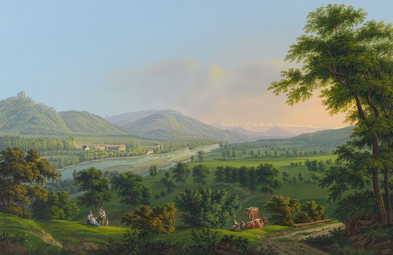 Paisagem com um castelo e um rio, óleo sobre tela de Johann Heinrich Bleuler the Younger