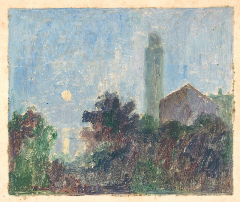 Landscape with a Church by Dezider Czölder, impressionism, features a church and trees.